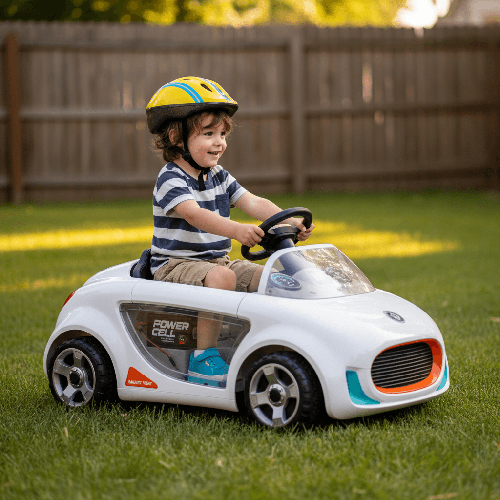 Child in a hard hat driving a yellow electric digger on a sunny lawn at a party