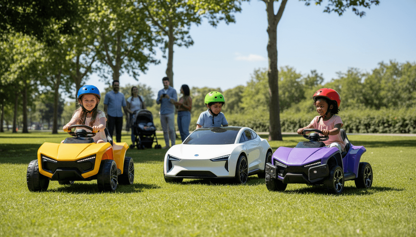 Two electric ride-on vehicles parked on grass with safety gear nearby