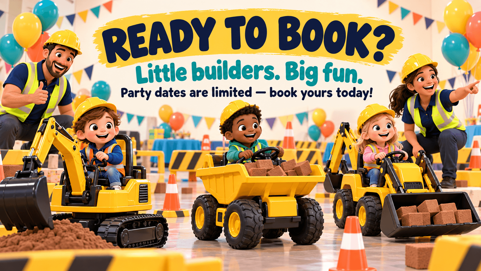 Three smiling kids in yellow hard hats driving toy excavators and dump trucks loaded with brown bricks, with two adult hosts in high-vis vests and party balloons in a colorful indoor play hall